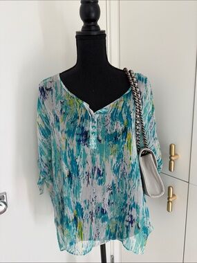 Ella Moss Teal & Blue Abstract Henley Blouse